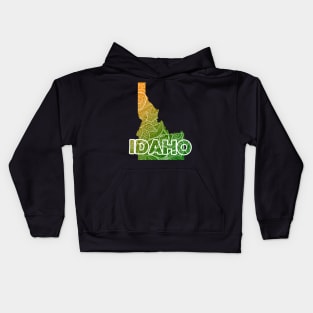 Colorful mandala art map of Idaho with text in green and orange Kids Hoodie